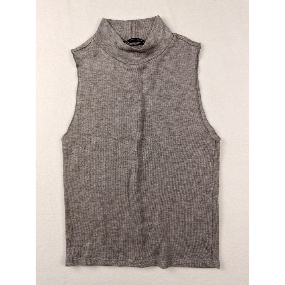 Zara Womens Small Grey Ribbed Mock Neck Sleeveless Knit Tank Top Heathered Grey